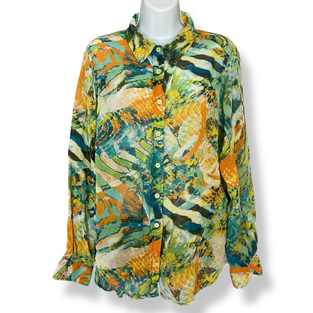 Pure Amici Silk Blouse Abstract Design Animal Print Long Sleeve Button-Up Sheer